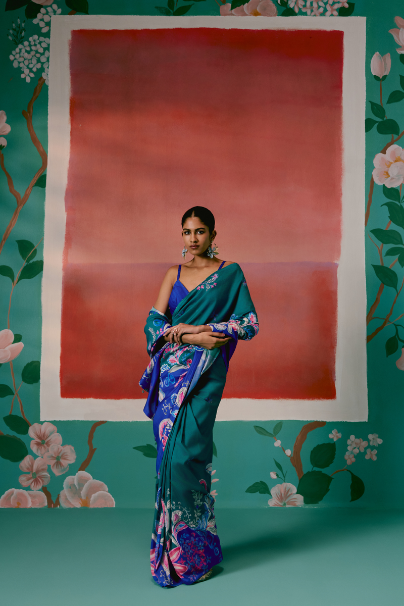 Teal & Blue Paisley Saree chanderi Buy Teal & Blue Paisley Saree from C&W | Saree for Women by Label Mogra in blue color for women in Singapore