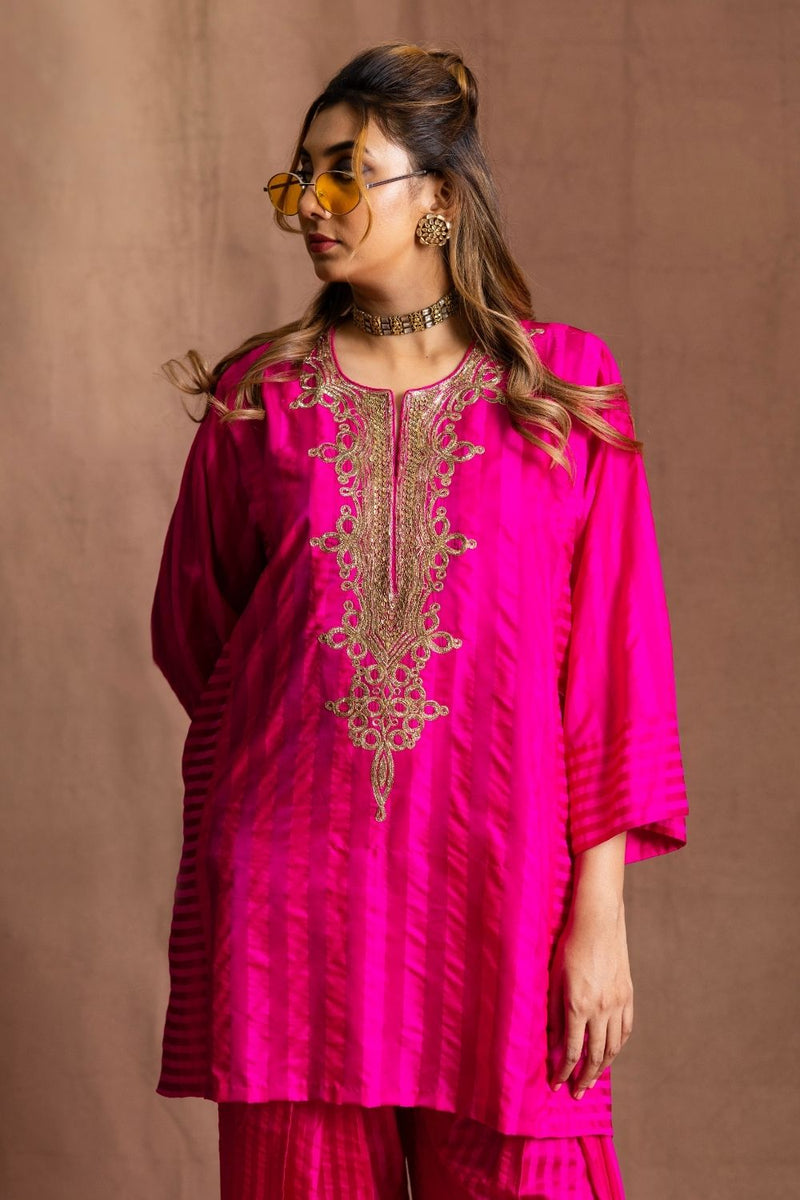 Silk Striped Farshi-Pink Stripes Pure Silk Kurta Set Sabo by Sabina — Canvas & Weaves Singapore