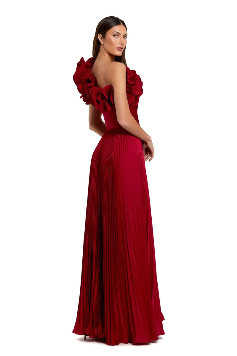 49902-Pleated Charmeuse One Shoulder Ruffle Gown by Mac Duggal in red color for women in Singapore