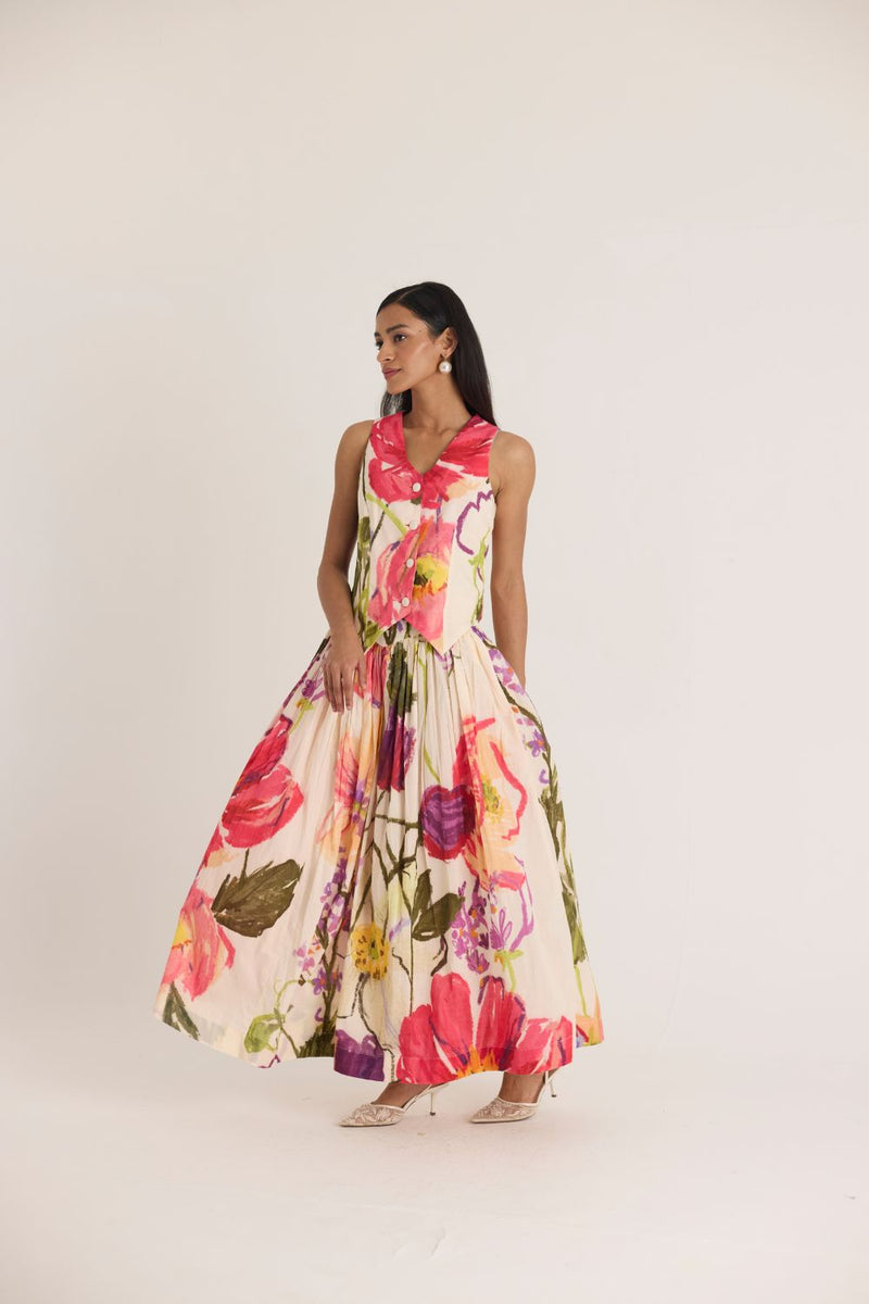 DOLLY WHITE WAISTCOAT & SKIRT SET cotton by Yam in multi color for women in Singapore