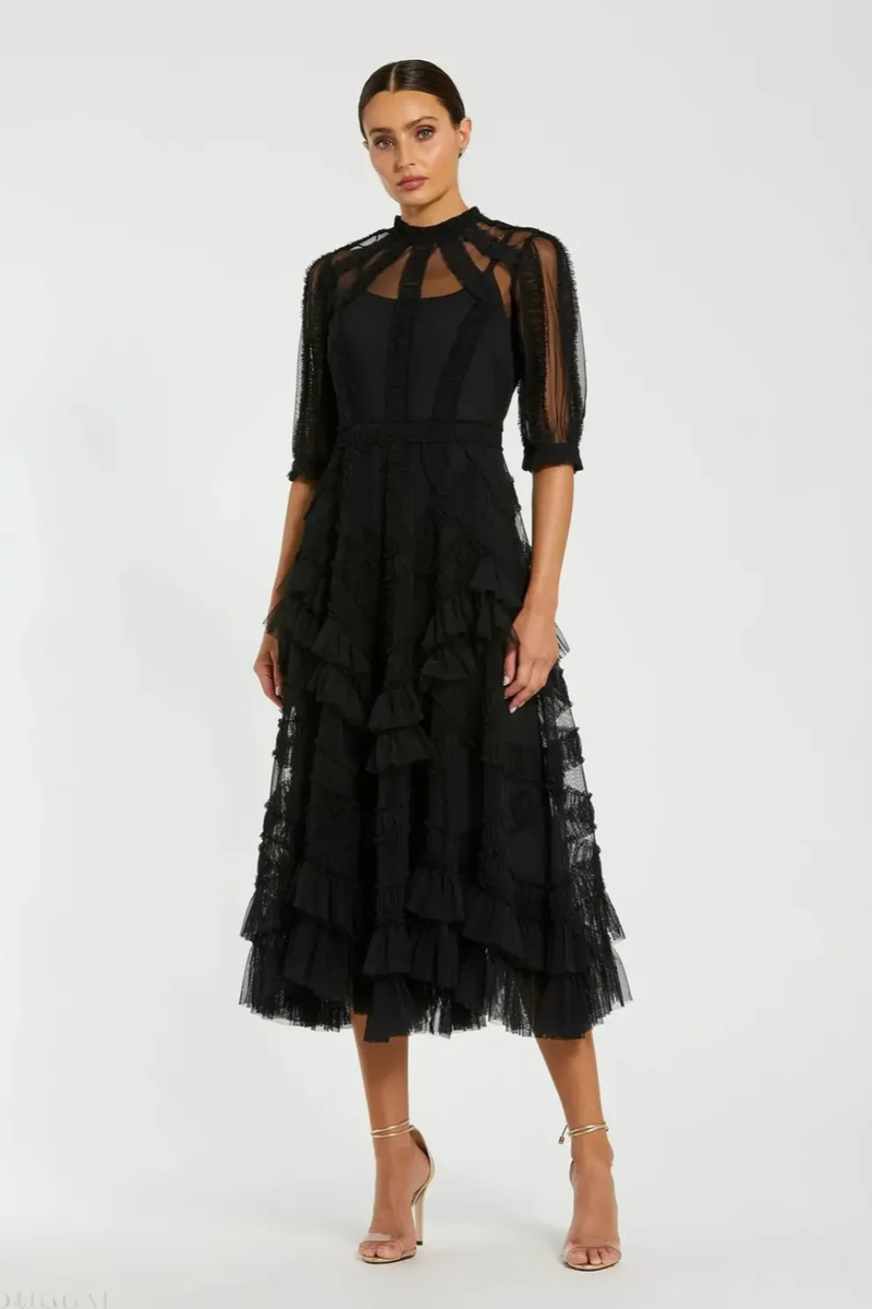 Black High Neck Ruffle Tiered A-Line Midi Dress by Mac Duggal in black color for women in Singapore