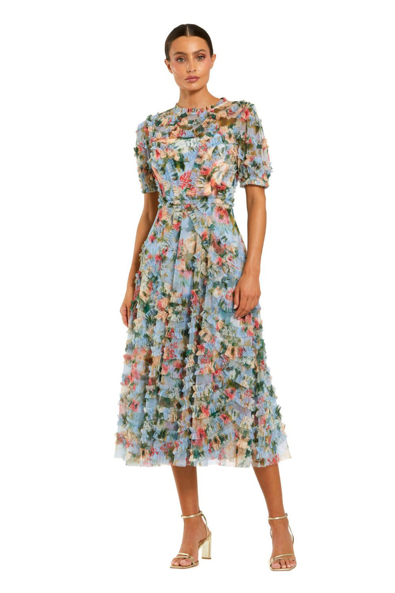 8302-Blue Floral Mesh Ruffle High Neck Midi Dress mul by Mac Duggal in multi color for women in Singapore