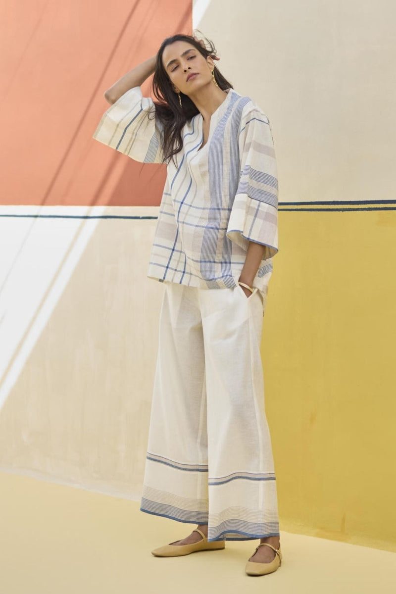 Lyla Stripe Border Pant - Ivory linen by Manan in ivory color for women in Singapore