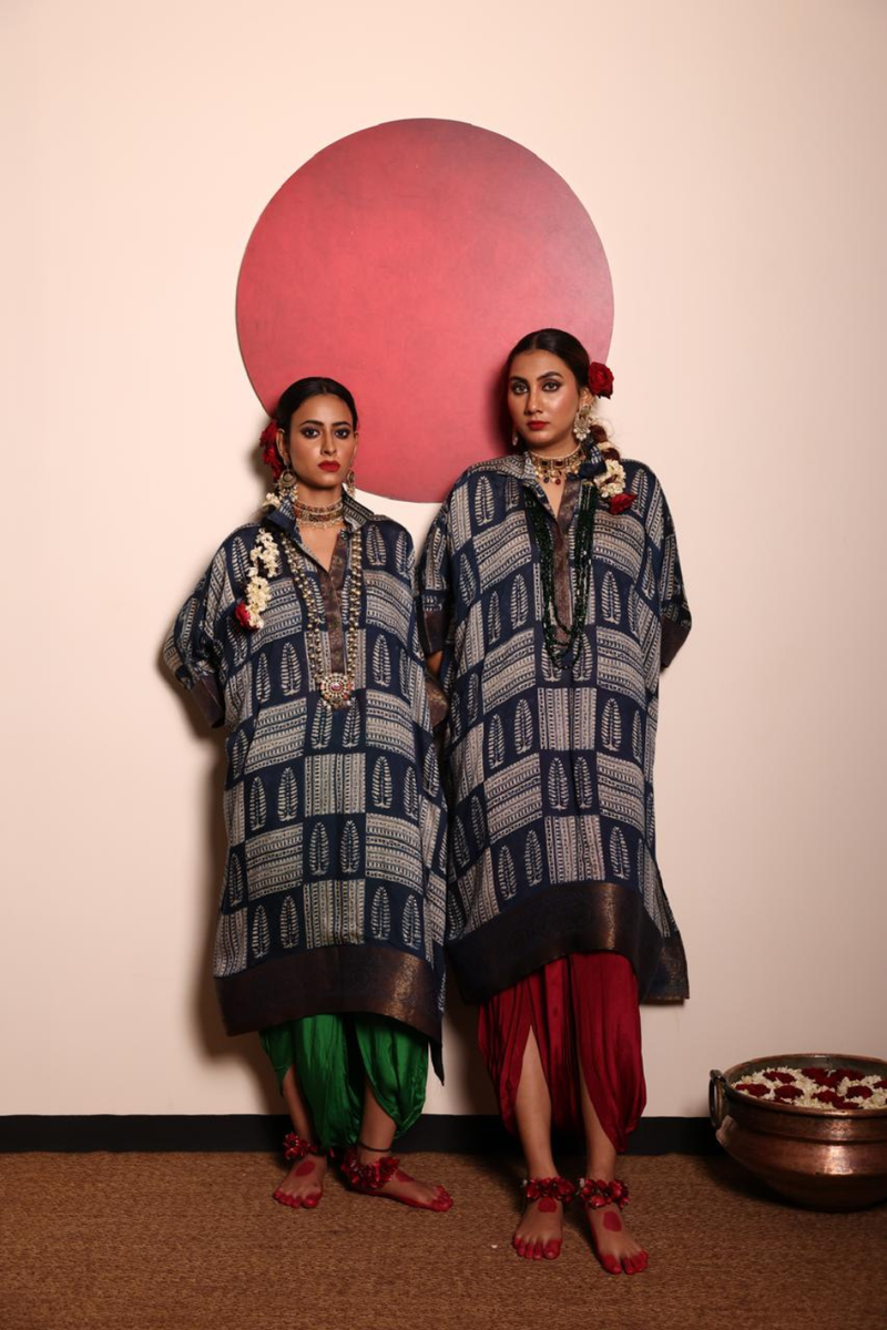 Indigo Chanderi Silk Shirt Tunic & Dhoti