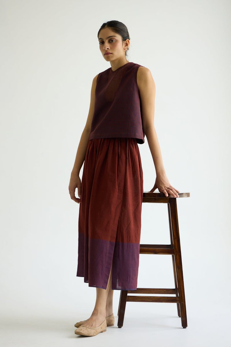 Fuwari Brown Colourblocked Handwoven Midi Skirt handwoven cotton skirt by The Summer House in brown for women in Singapore