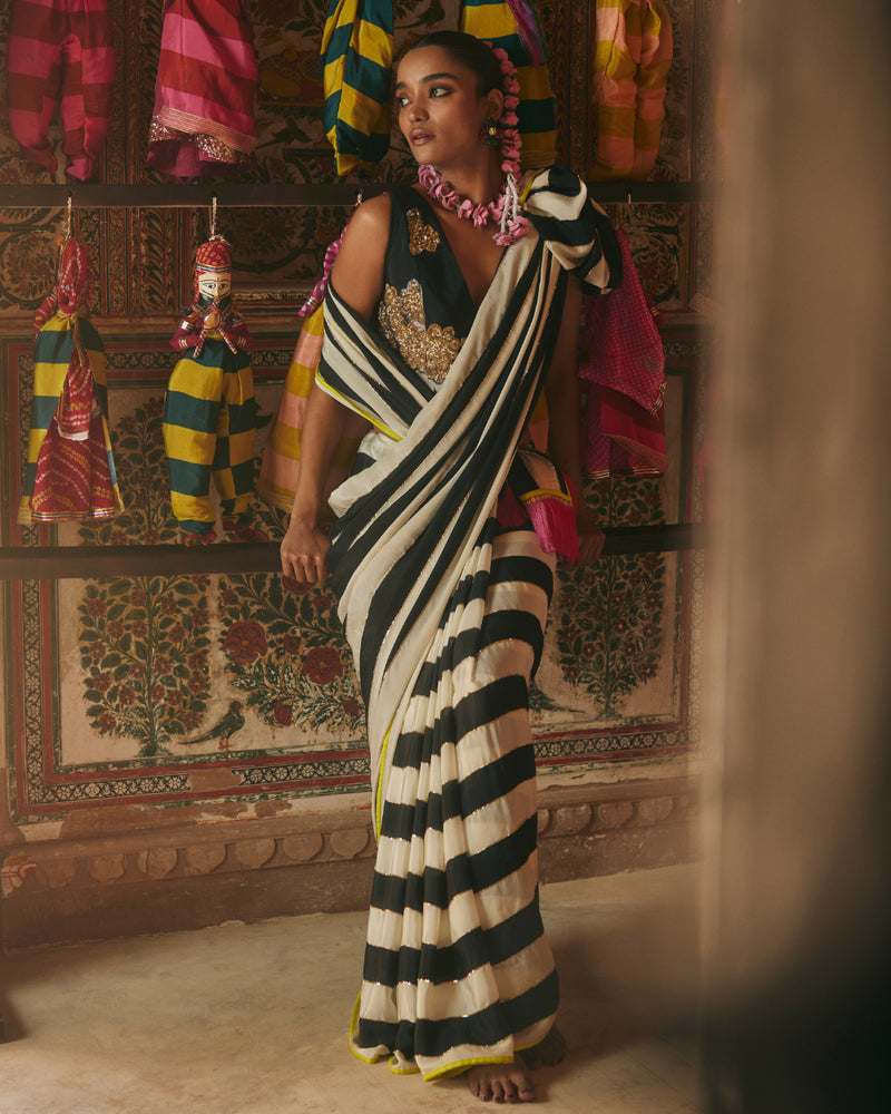 Khel Black And White Stripe Saree With Waistcoat Blouse by Rajiramniq in black color for women in Singapore