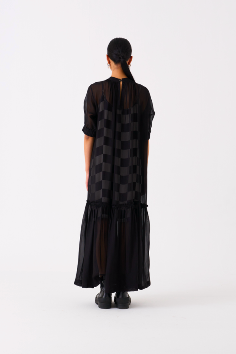 SHEER BOTTOM FRILL DRESS
-BLACK organza by THREE in black color for women in Singapore