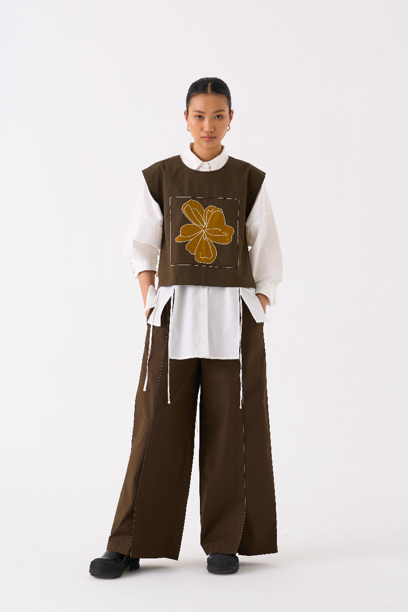 PANELLED SHIRT CO-ORD 
(SET OF 3)-DARK OLIVE poplin by THREE in olive color for women in Singapore