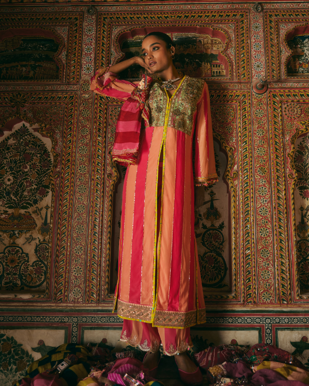 Khel Pink and Nude Yokr Embellished Jacket Kurta Set mul by Rajiramniq in multi color for women in Singapore