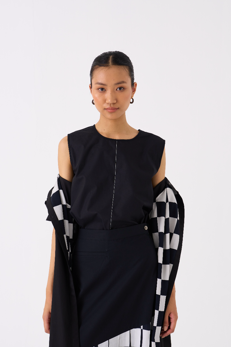 BACK YOKE JACKET CO-ORD 
(SET OF 3)-BLACK poplin by THREE in black color for women in Singapore