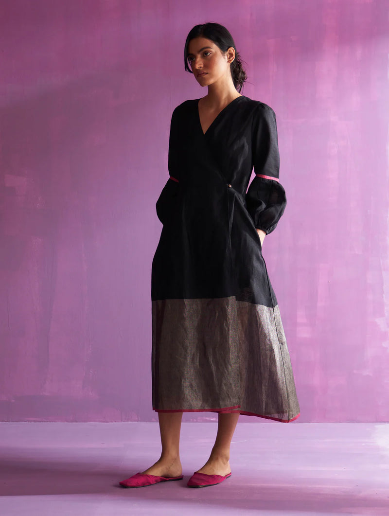 Zaina Metallic Wrap Dress - Black linen by Manan in black color for women in Singapore