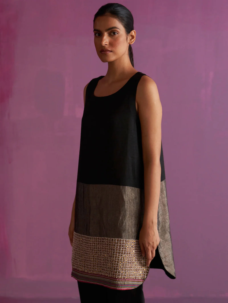 Irum Hand-Embroidered Sleeveless Kurta - Black linen by Manan in black color for women in Singapore