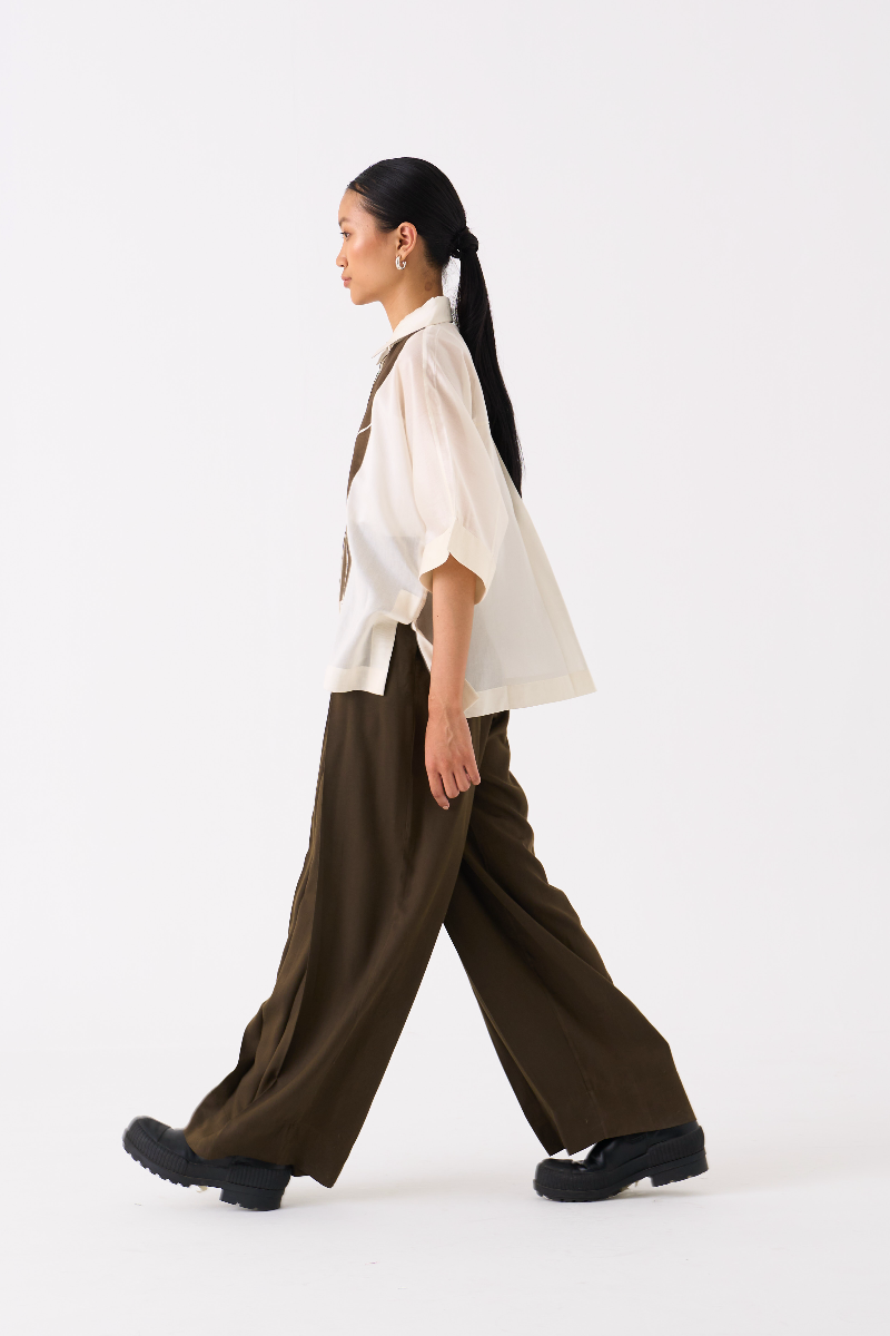 FLORAL APPLIQUE SHIRT-IVORY chanderi by THREE in ivory color for women in Singapore