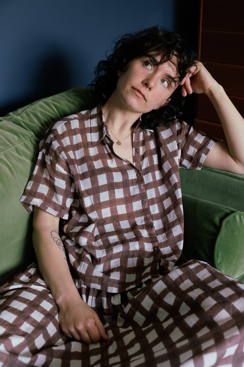 Easy Shirt-Brown Checks handwoven cotton top/shirt by World of Crow in brown for women in Singapore