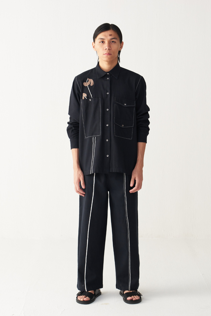 EMB. DETAIL BOTTOM cotton by THREE Men in black color for men in Singapore
