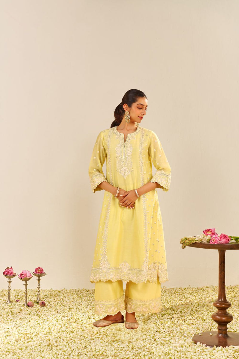 Sumaiya - A-Line Kurta With Palazzo And Dupatta-Lemon Yellow silk by SHEETAL BATRA in yellow color for women in Singapore