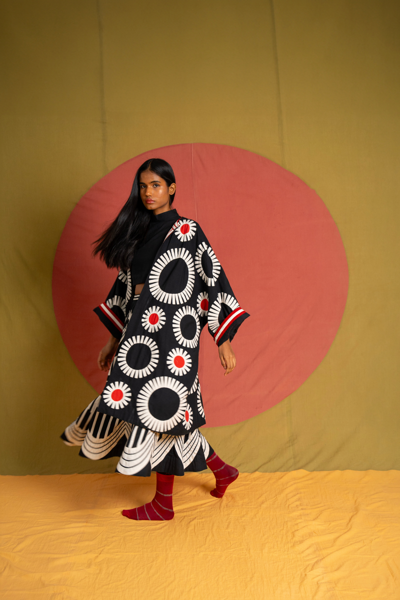 Scala Skirt-Black and White cotton skirt by Ka-Sha in black for women in Singapore