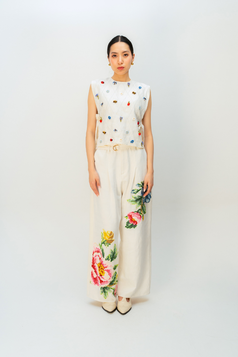 SOFT LATTICE BIB linen jacket/overlay by Ode to Odd in off white for women in Singapore