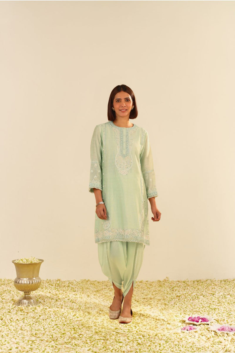 Zahra - Short Kurta With Dhoti-Mint Green silk by SHEETAL BATRA in mint color for women in Singapore