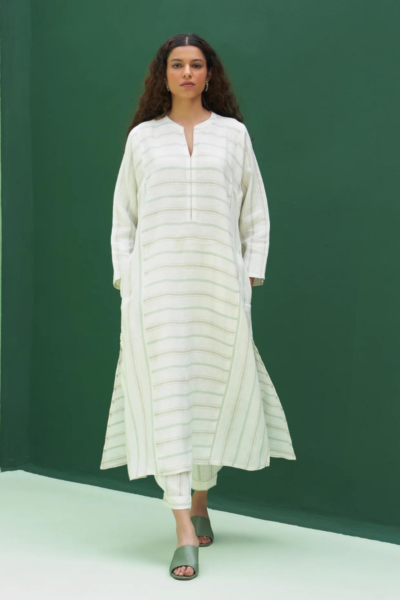 Ezra Striped Linen Kurta - Mint linen by Manan in mint color for women in Singapore