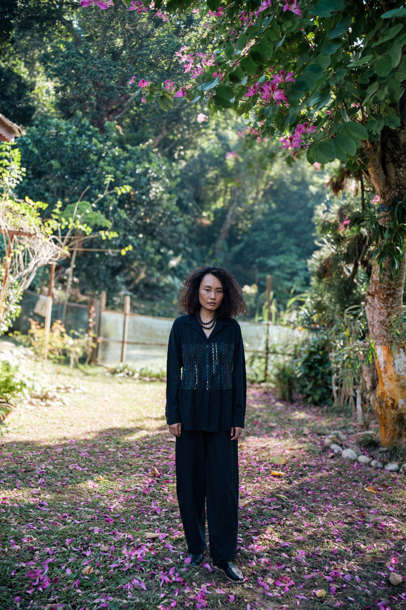 Upcycled Handwoven Hunza Shirt - Black Green cotton by The Terra Tribe in green color for women in Singapore