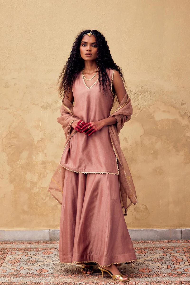 Kishmish Sharara set with Dupatta chanderi by Khara Kapas in brown for women in Singapore