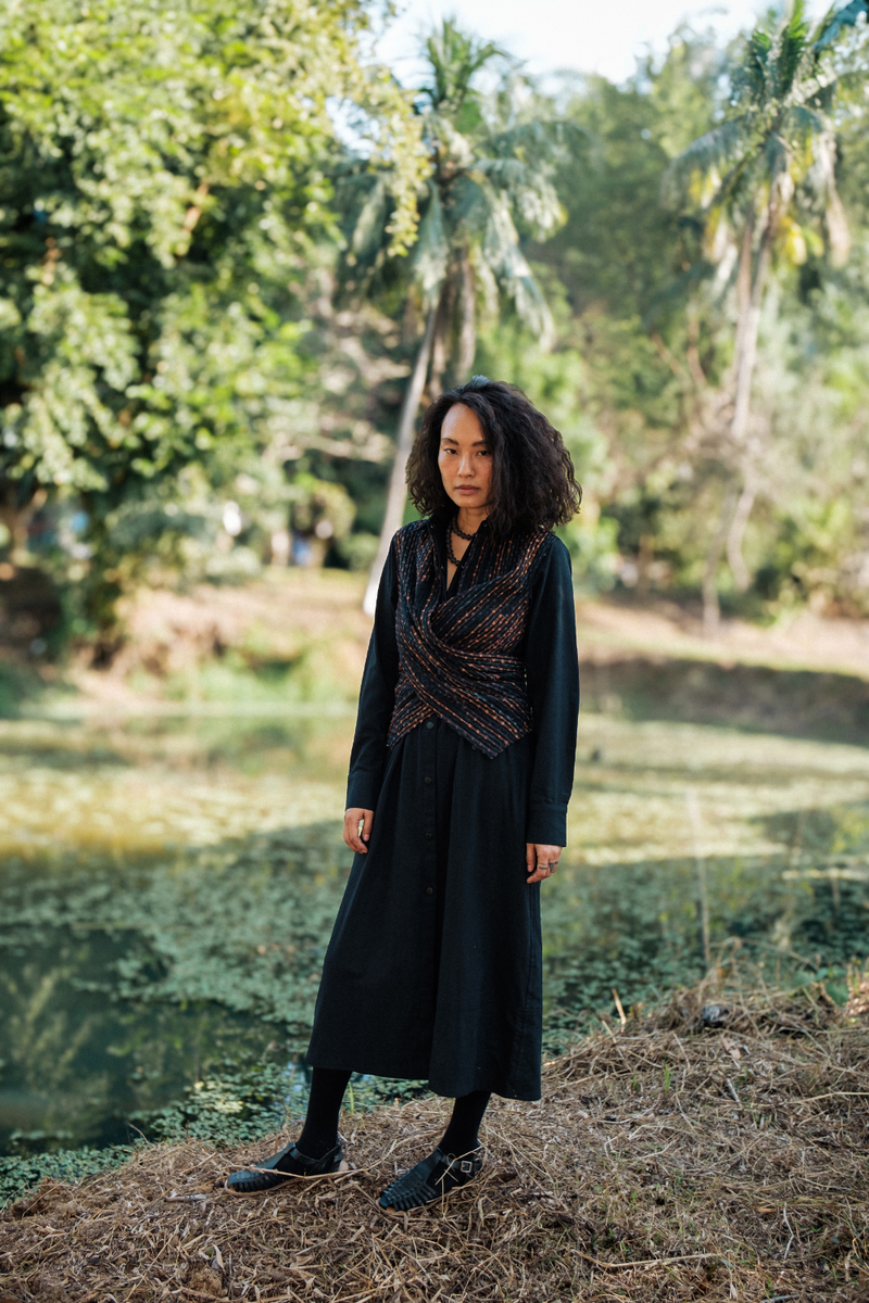 Upcycled Handwoven Seattle Wrap Calf Dress - Black Copper cotton by The Terra Tribe in black color for women in Singapore