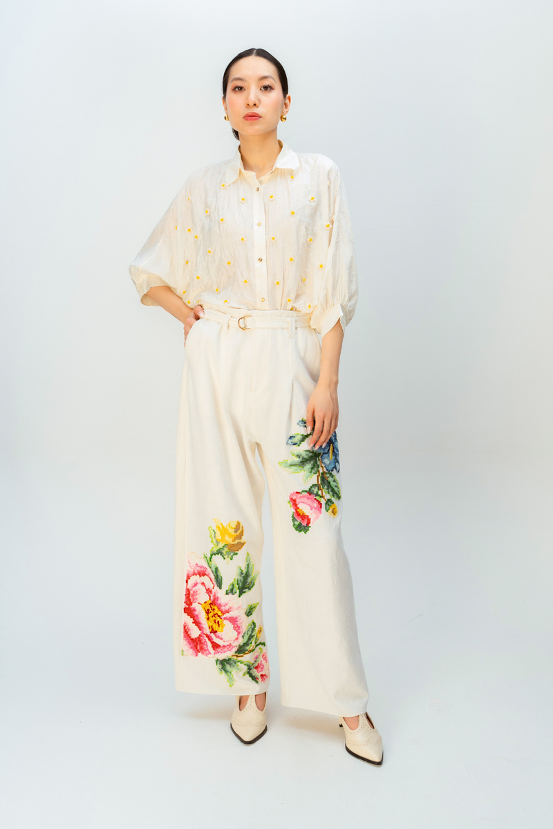 PETAL VALLEY TROUSER handwoven denim pant/trouser by Ode to Odd in off white for women in Singapore