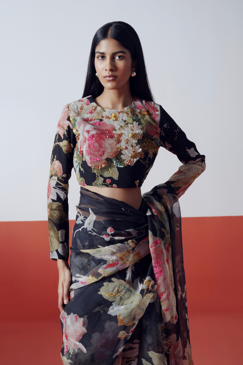 Carmine Embroidered Blouse by YAM in black color for women in Singapore