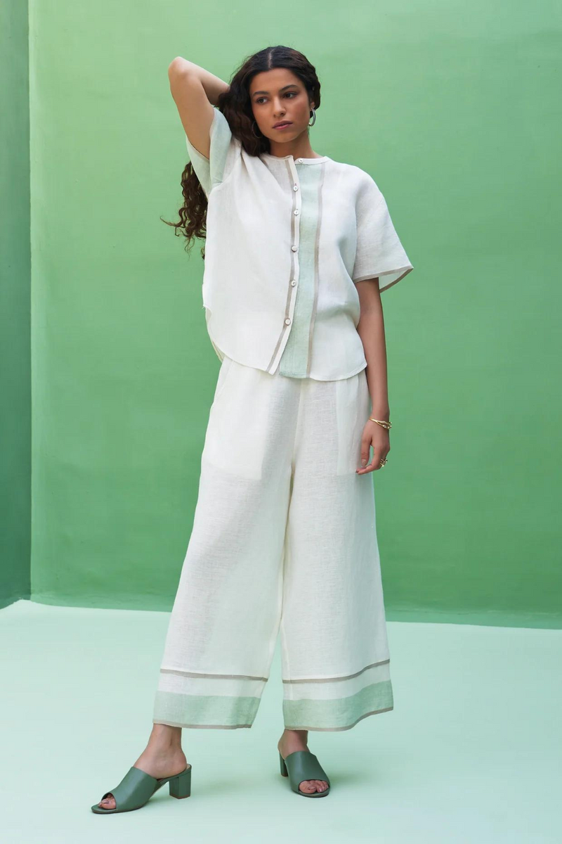 Kol Border Linen Co-ord Set - Ivory linen by Manan in ivory color for women in Singapore