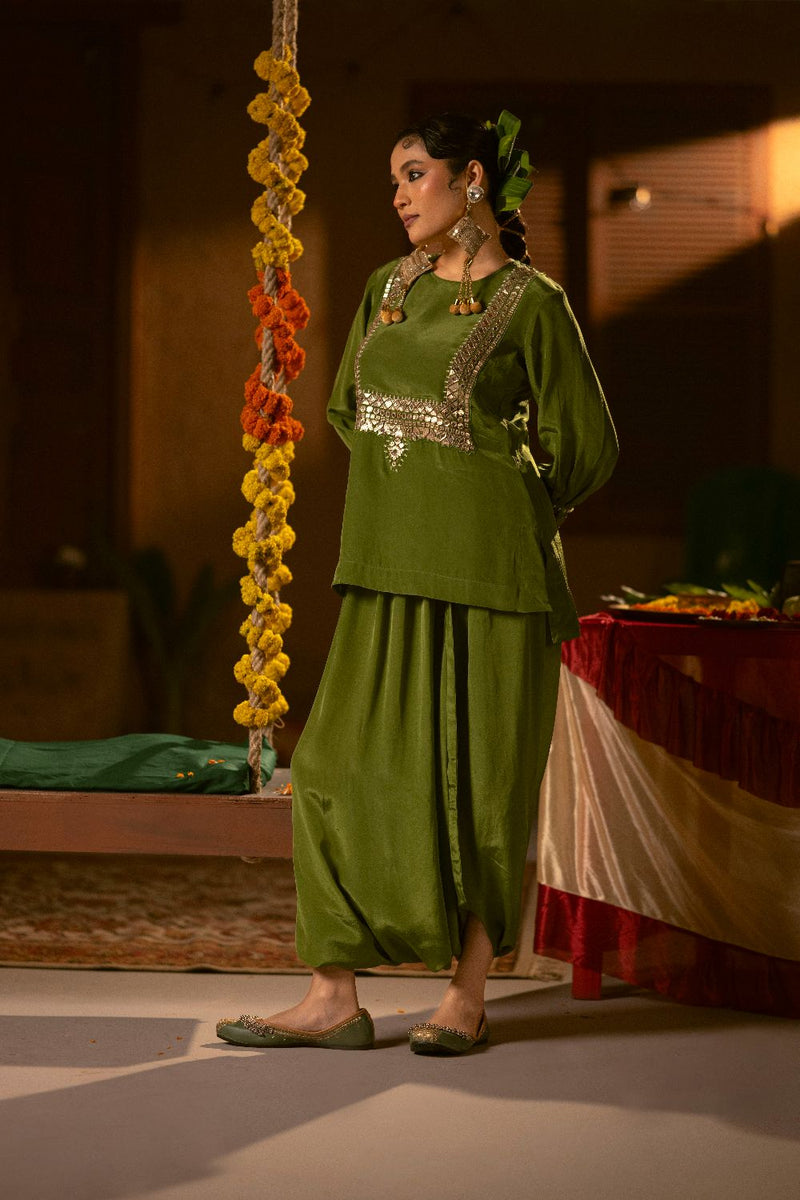 Sunira Green Tunic Top & Dhoti Skirt Set- Mehendi