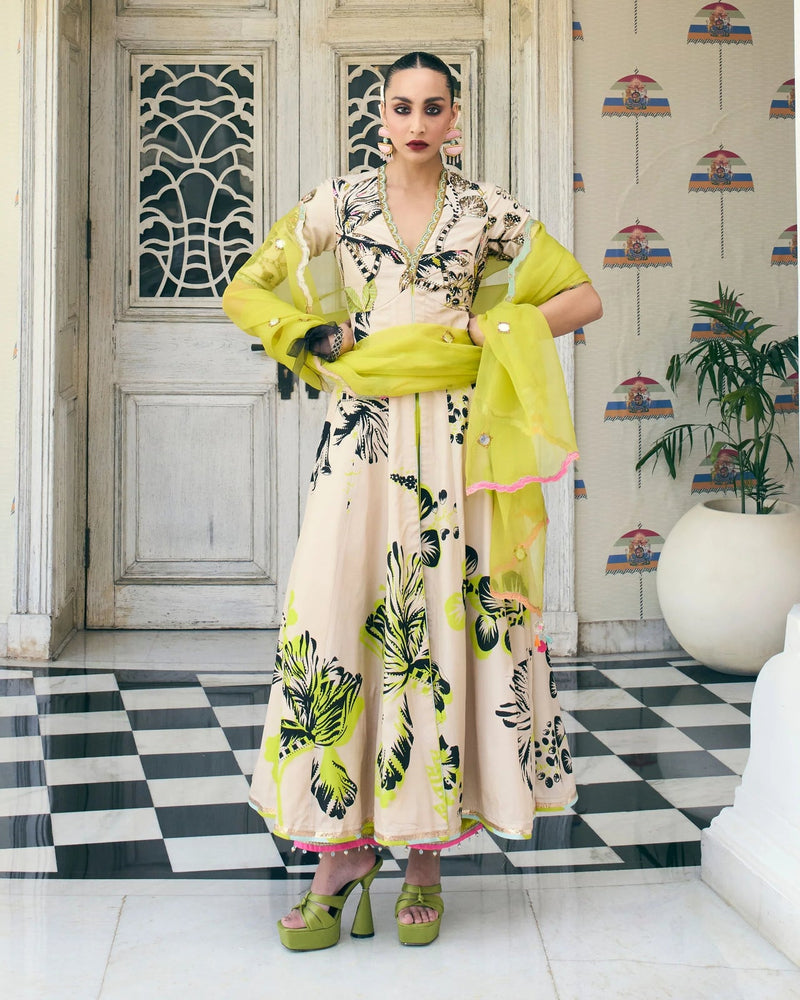 Retro Raani Black and Ivory Jacket Anarkali Set crepe, organza kurta/kurta set by Rajiramniq in black- white for women in Singapore
