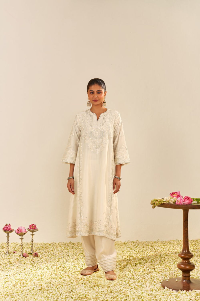 Maziya - Long Chauga With Salwar And Dupatta-Daisy Ivory silk by SHEETAL BATRA in ivory color for women in Singapore
