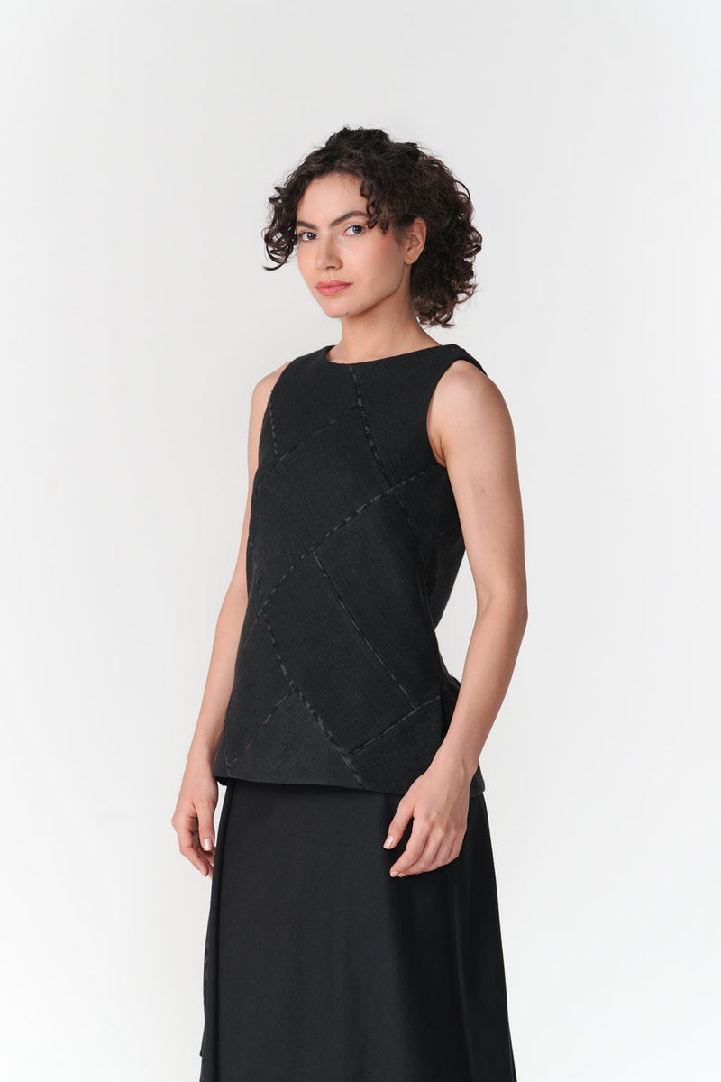 Patchwork Boat Neck Top top/shirt by Turn Black in black for women in Singapore