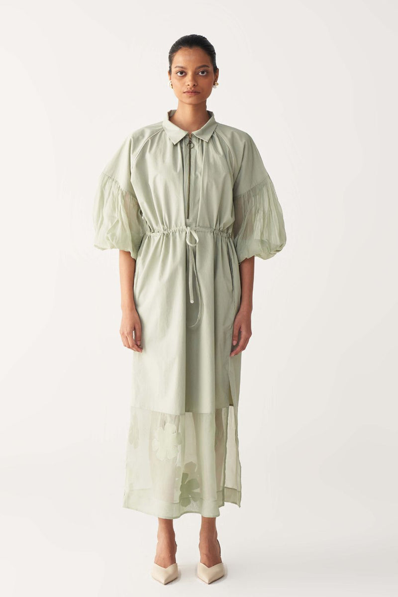DRAWSTRING PANEL DRESS-MINT poplin by THREE in mint color for women in Singapore