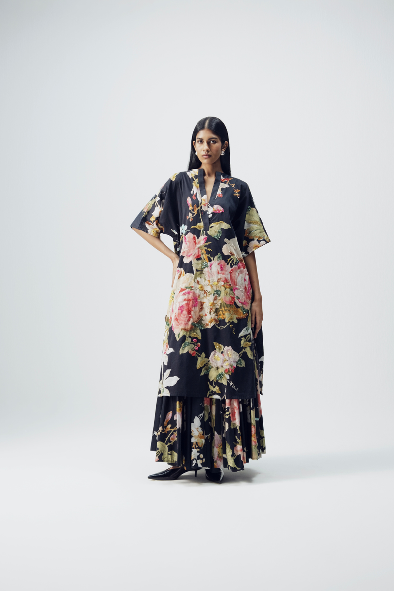 Carmine Embroidered Kurta & Skirt Set satin by YAM in black color for women in Singapore