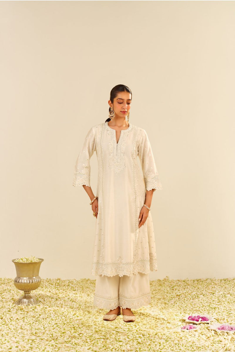 Sumaiya - A-Line Kurta With Palazzo And Dupatta-Daisy Ivory silk by SHEETAL BATRA in ivory color for women in Singapore