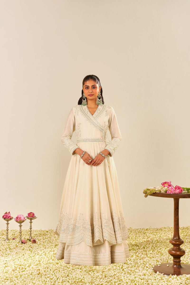 Ameena - Long Anarkali With Skirt And Dupatta-Daisy Ivory silk by SHEETAL BATRA in ivory color for women in Singapore