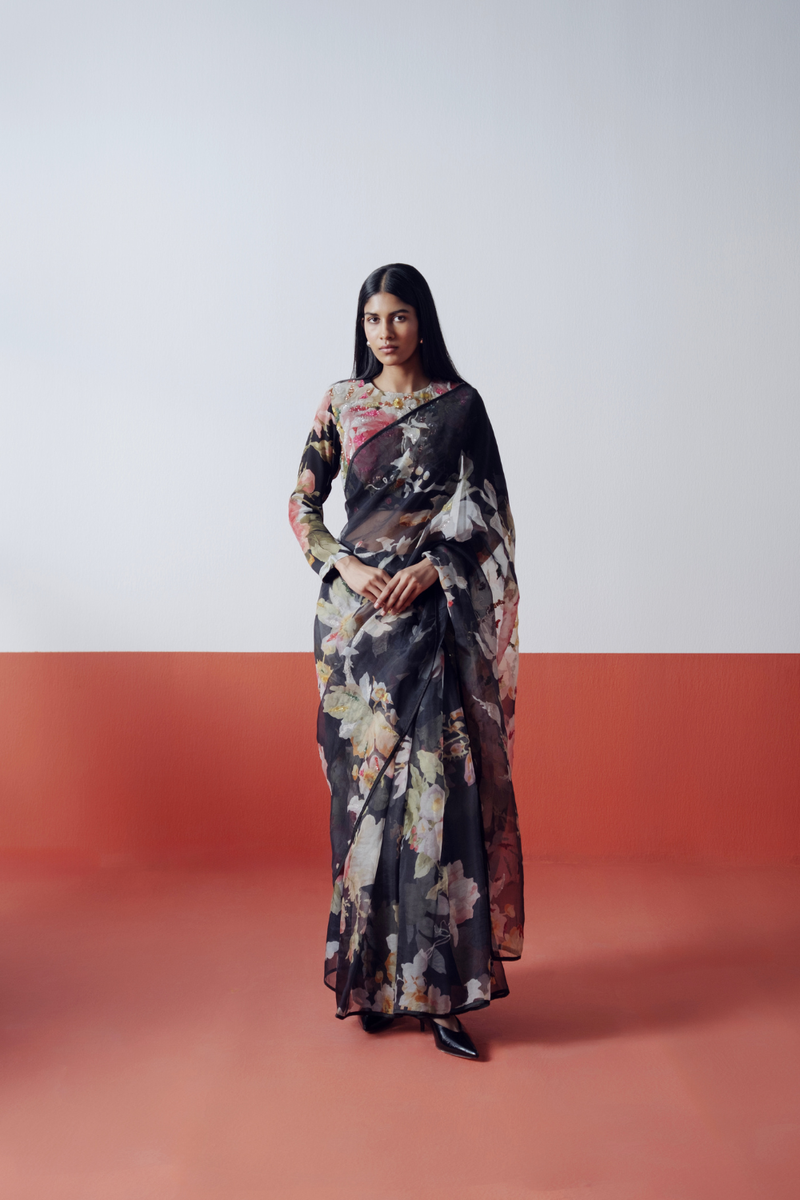 Carmine Embroidered Saree organza by YAM in black color for women in Singapore
