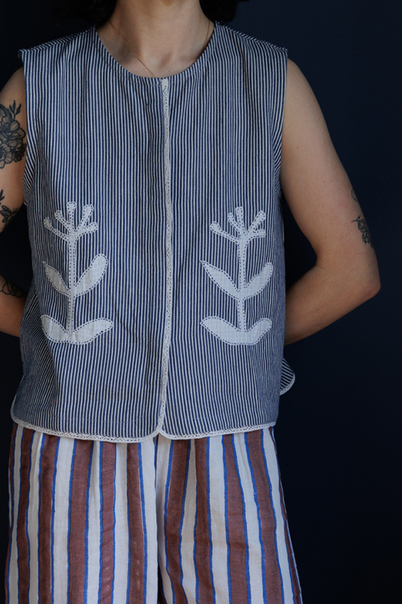 Classic Vest-AppliquŽ handwoven cotton top/shirt by World of Crow in multicolor for women in Singapore