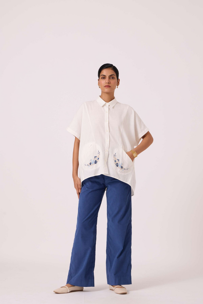 Sibyl Handwoven Embrodiered Shirt cotton by The Summer House in beige color for women in Singapore