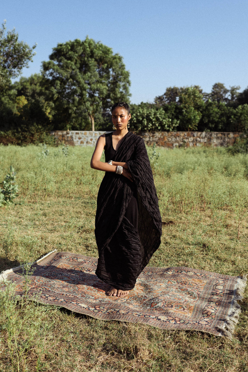 NAVA PLEATED SARI DRESS 100% cotton Buy NAVA PLEATED SARI DRESS from C&W | Dresses for Women by Ituvana in black color for women in Singapore