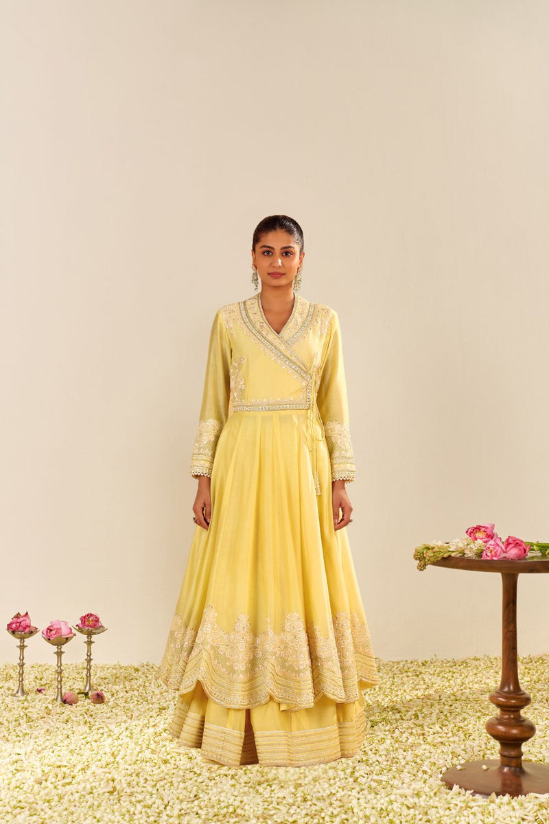 Ameena - Long Anarkali With Skirt And Dupatta-Lemon Yellow silk by SHEETAL BATRA in yellow color for women in Singapore