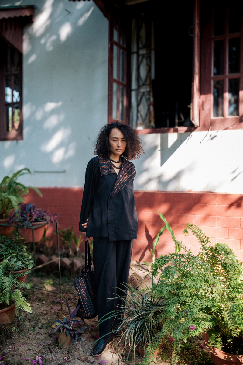Upcycled Handwoven Arrow collar shirt - Black Copper cotton by The Terra Tribe in black color for women in Singapore