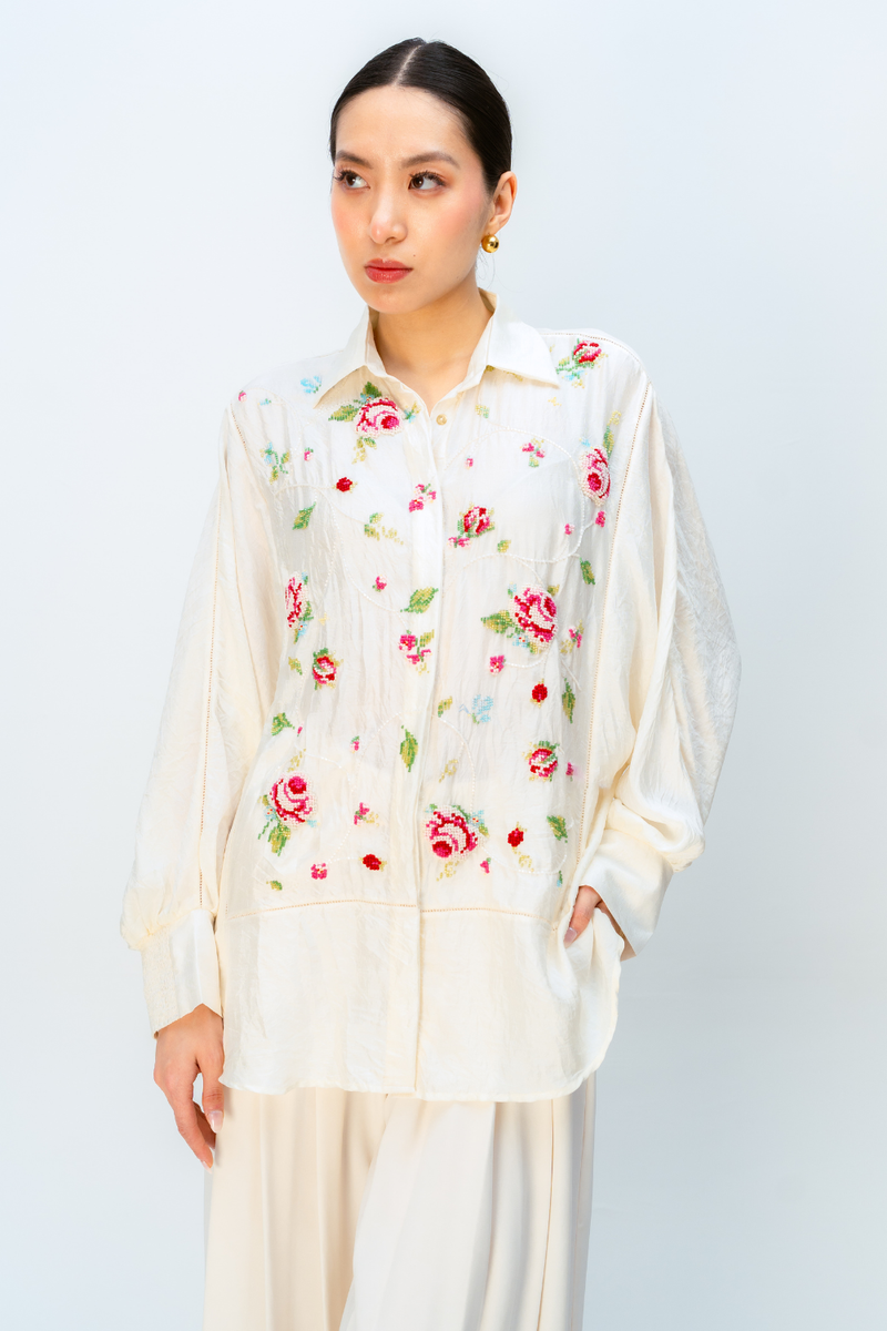 BLUSH MELLOW SHIRT silk top/shirt by Ode to Odd in off white for women in Singapore