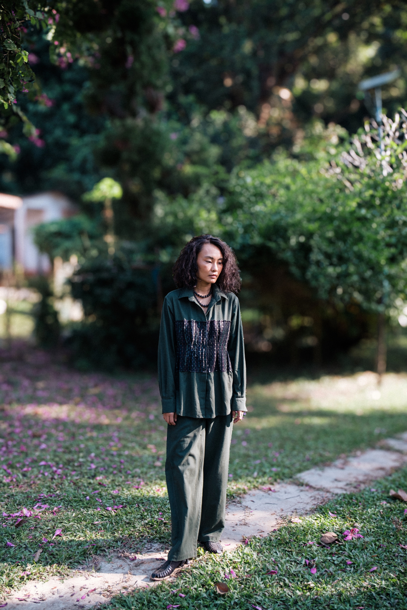 Upcycled Handwoven Hunza Shirt - Green cotton by The Terra Tribe in green color for women in Singapore