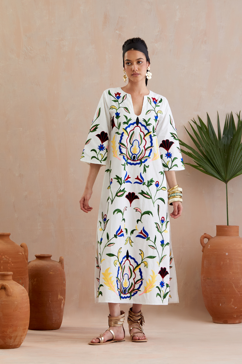 Ivory and Multi Color Thread Embroidery Maxi Dress poplin Buy Ivory and Multi Color Thread Embroidery Maxi Dress from C&W | Dresses for Women by Indian Summer Story in ivory color for women in Singapore