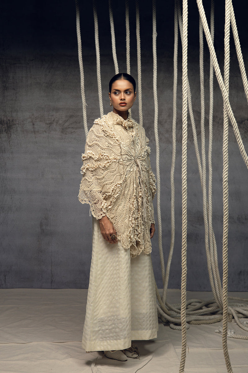 Ivory Crochet Lace Embroidered Cape hand crochet jacket/overlay by Kritika Murarka in ivory for women in Singapore