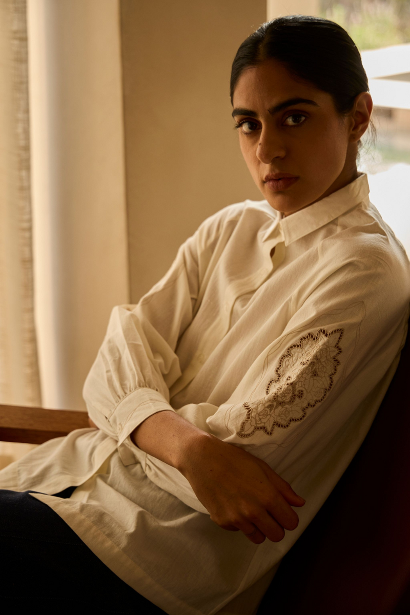 Yeji Handwoven Embroidered Shirt cotton by The Summer House in white color for women in Singapore
