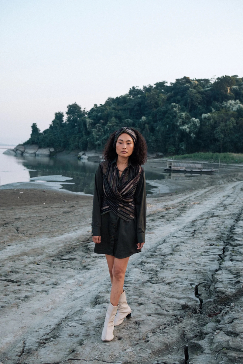Upcycled Seattle Wrap Dress - Green cotton by The Terra Tribe in green color for women in Singapore